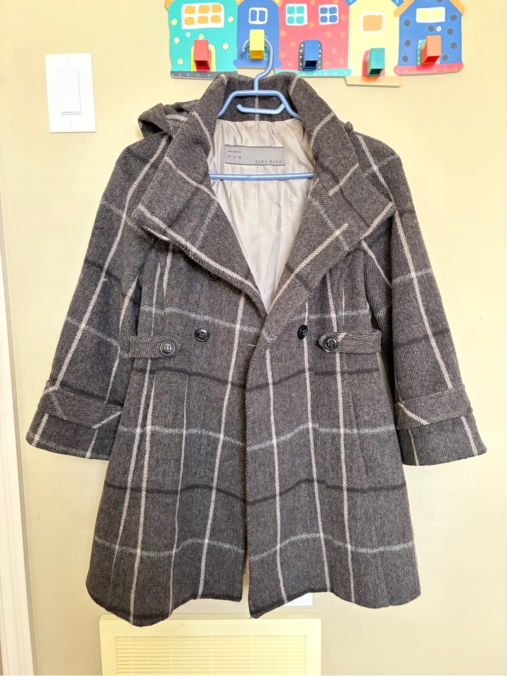 Zara Gray Plaid Hooded wool Coat